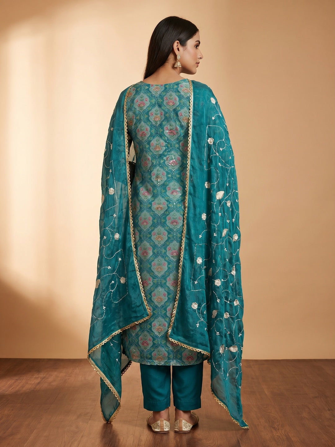 Teal Floral Printed With Hand Embroidery Organza Dress Material - Image 3