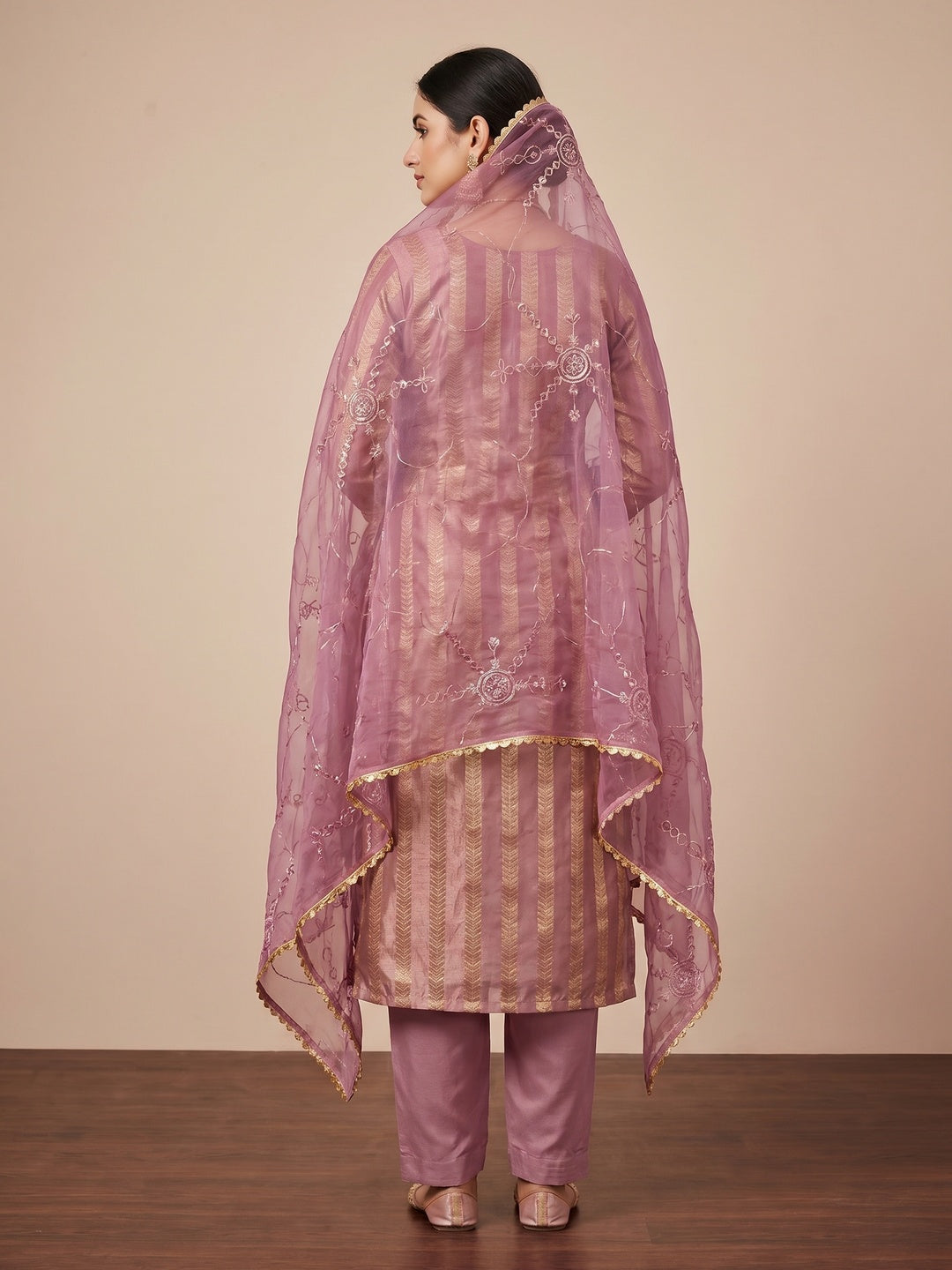 Mauve Sequins Hand Embroidery Organza Dress Material - Image 2
