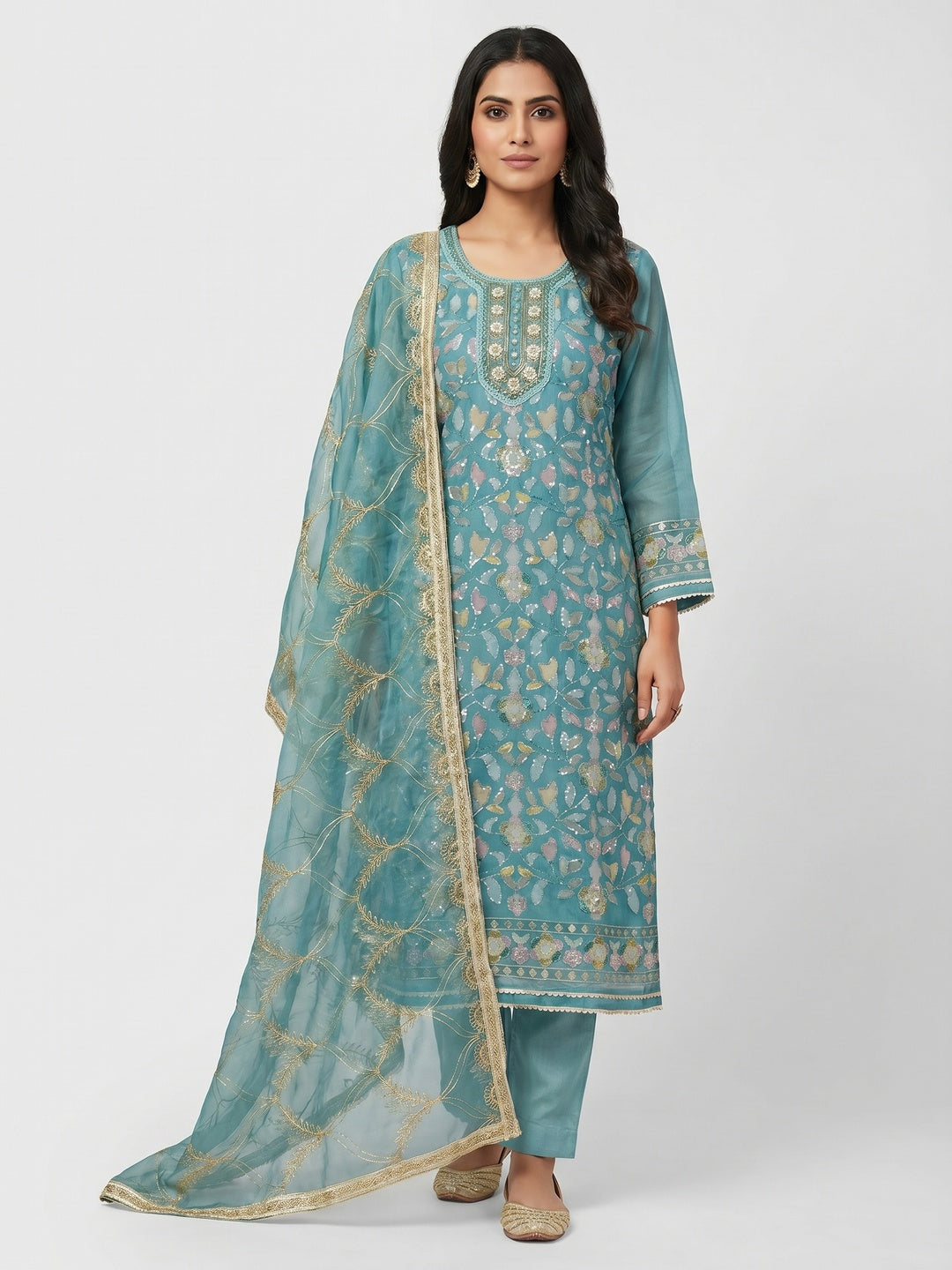 Blue Floral Sequins Embroidery Organza Dress Material - Image 1