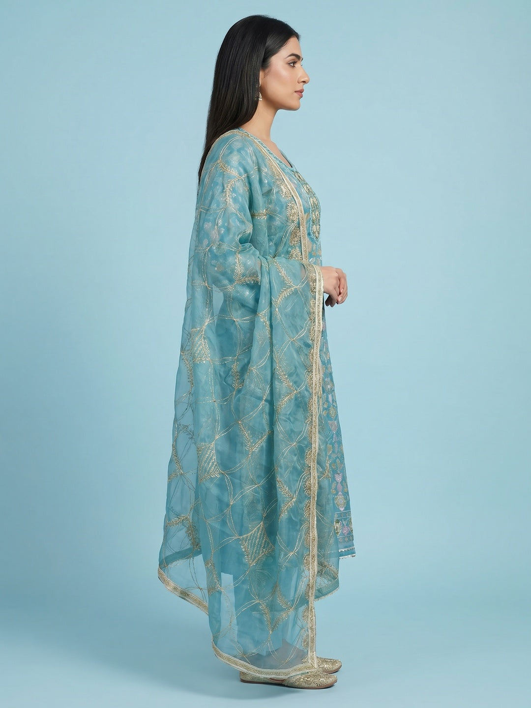 Blue Floral Sequins Embroidery Organza Dress Material - Image 3