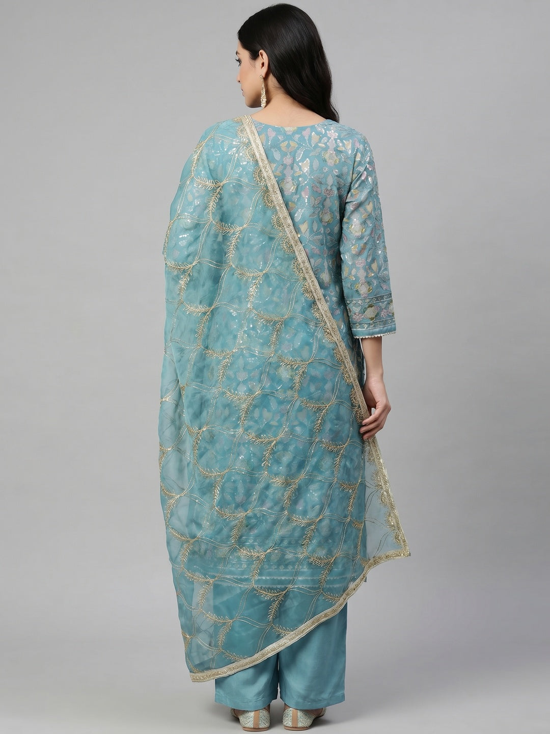 Blue Floral Sequins Embroidery Organza Dress Material - Image 2