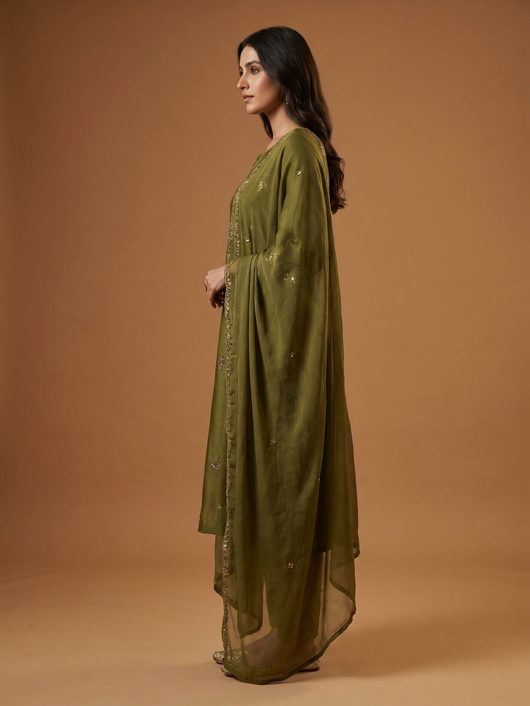 Mehendi Green Floral Sequins Embroidery Organza Dress Material - Image 3