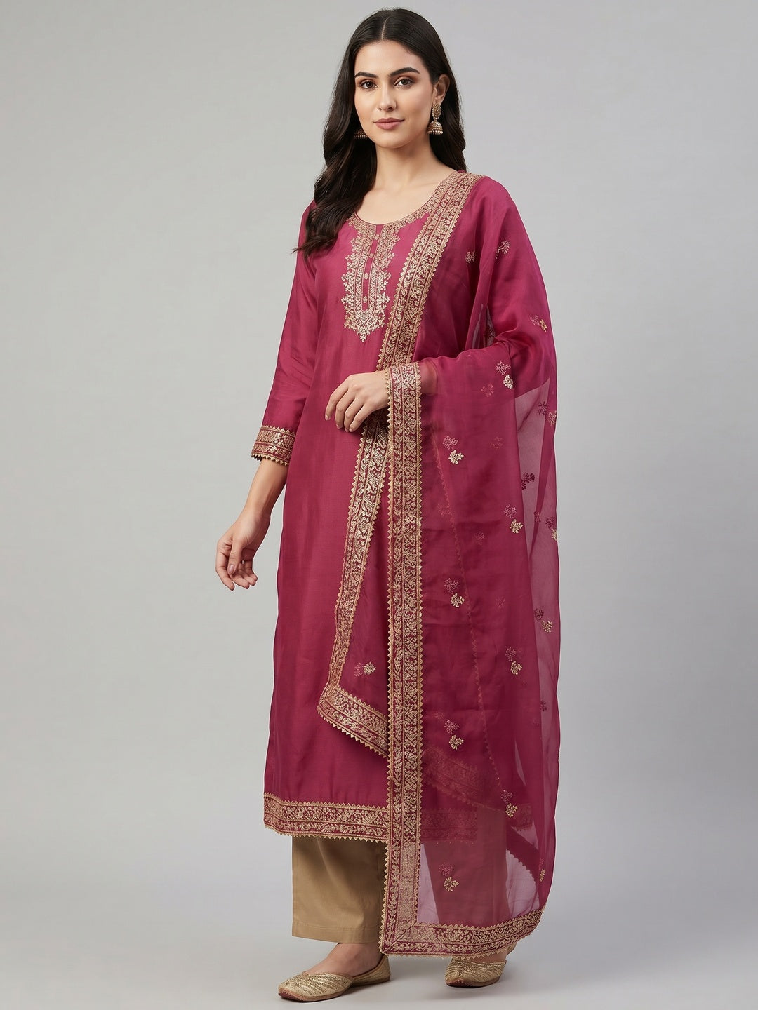 Pink Sequins Embroidered Cotton Silk Dress Material - Image 1