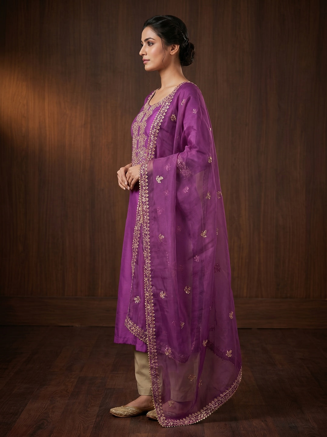 Purple Sequins Embroidered Cotton Silk Dress Material - Image 2