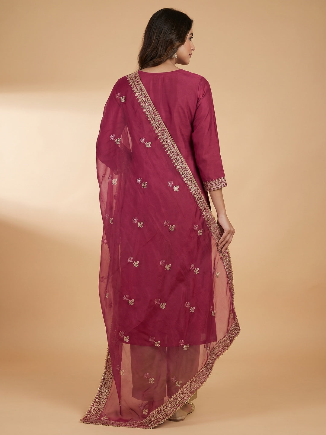 Pink Sequins Embroidered Cotton Silk Dress Material - Image 3