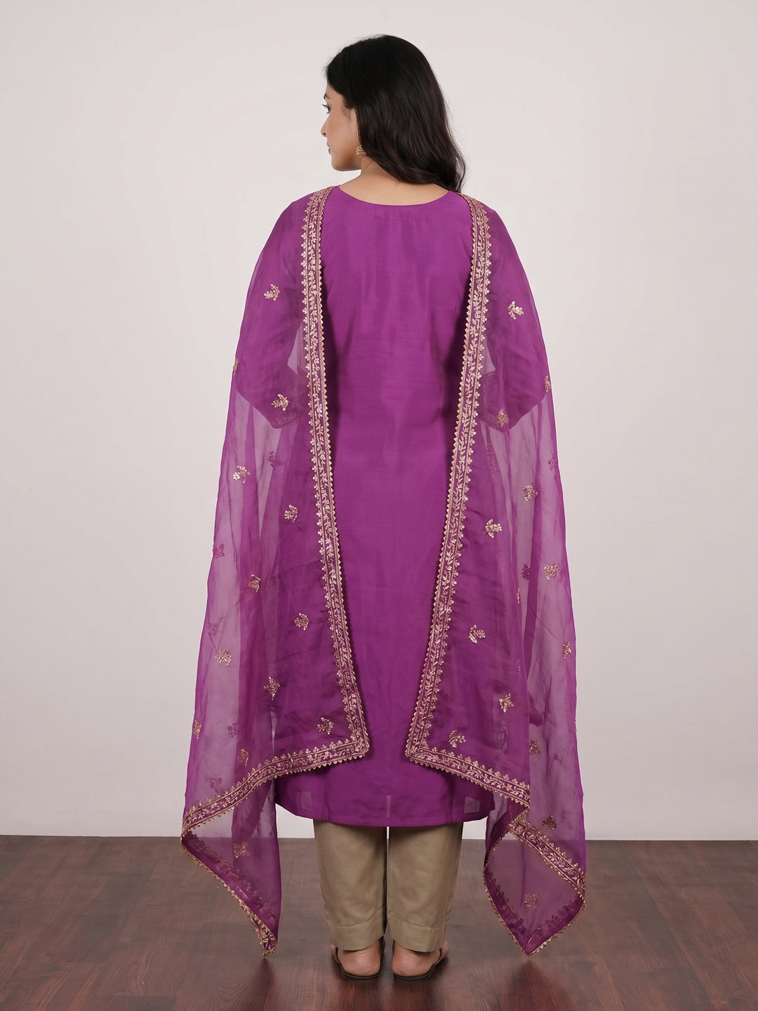 Purple Sequins Embroidered Cotton Silk Dress Material - Image 3
