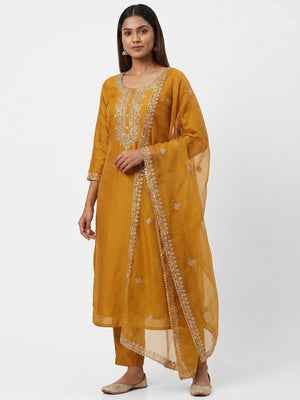 Mustard Sequins Embroidered Cotton Silk Dress Material - Image 1