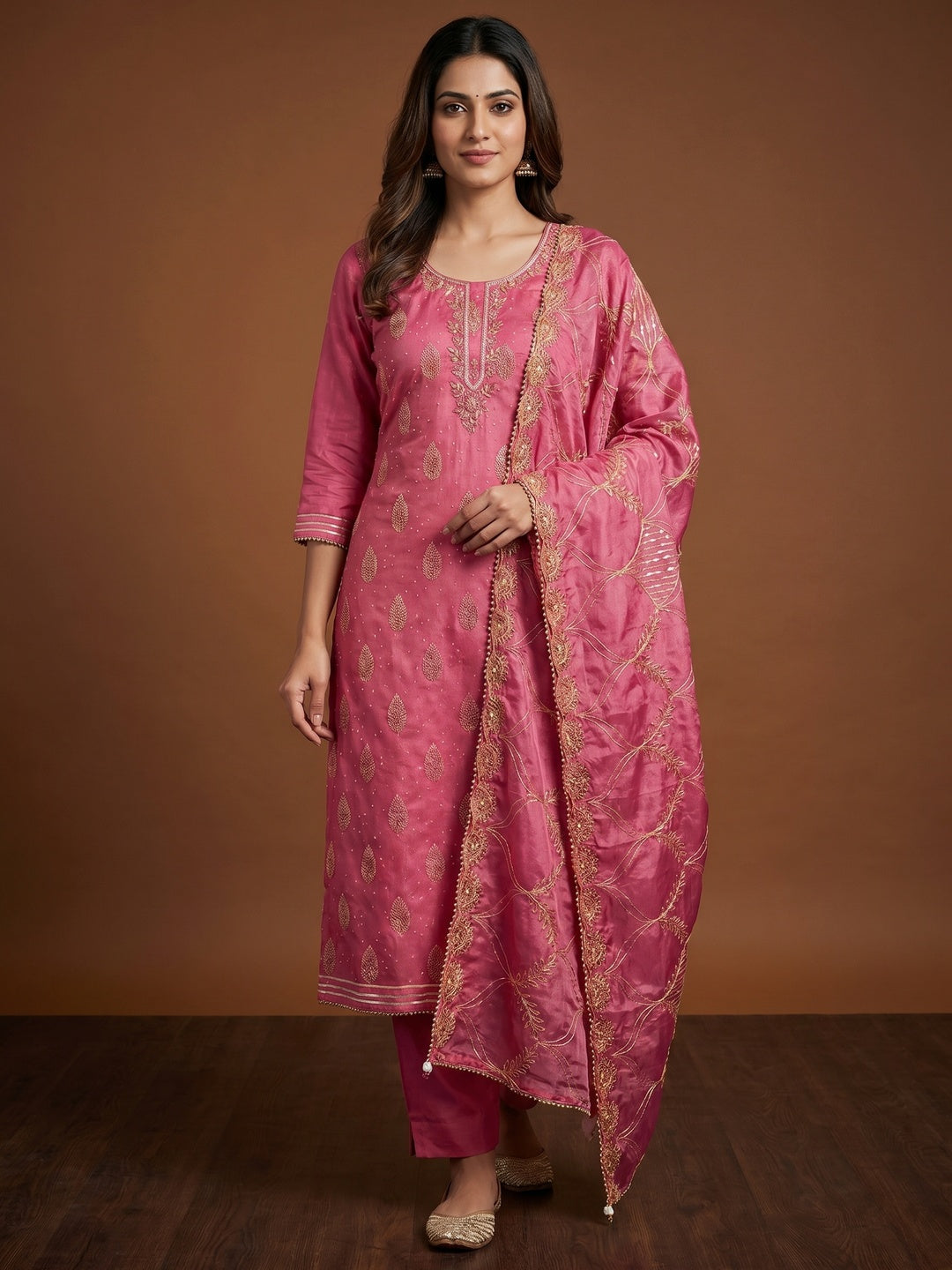 Pink Printed With Hand Embroidered Chanderi Silk Dress Material - Image 1