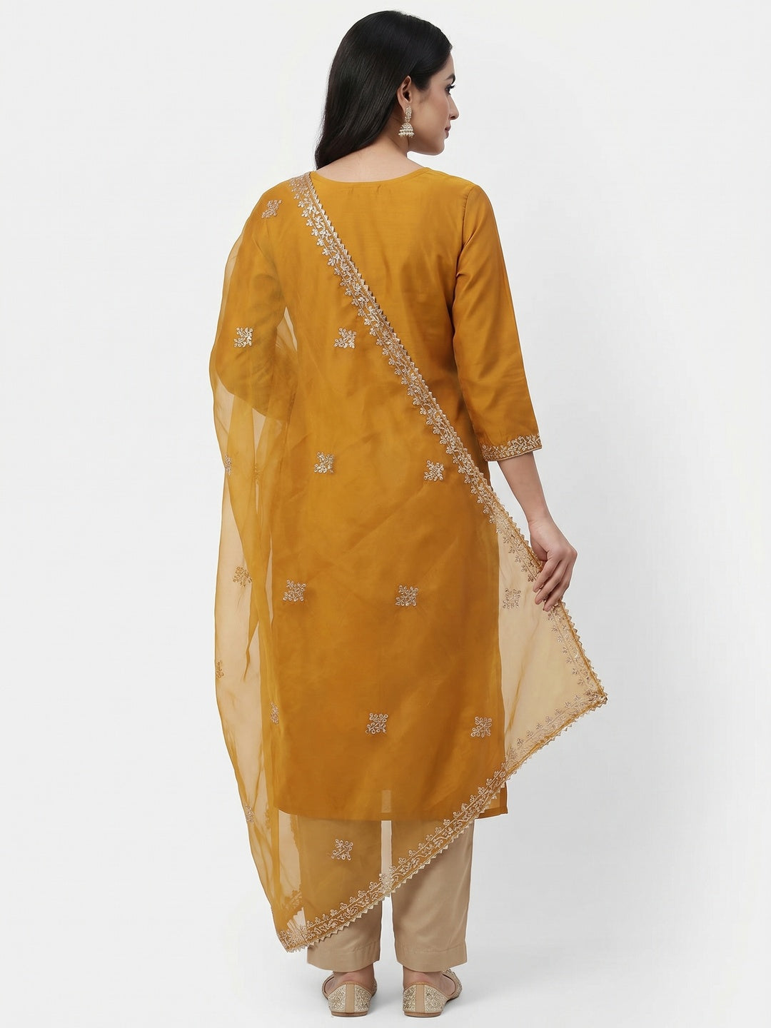 Mustard Sequins Embroidered Cotton Silk Dress Material - Image 2