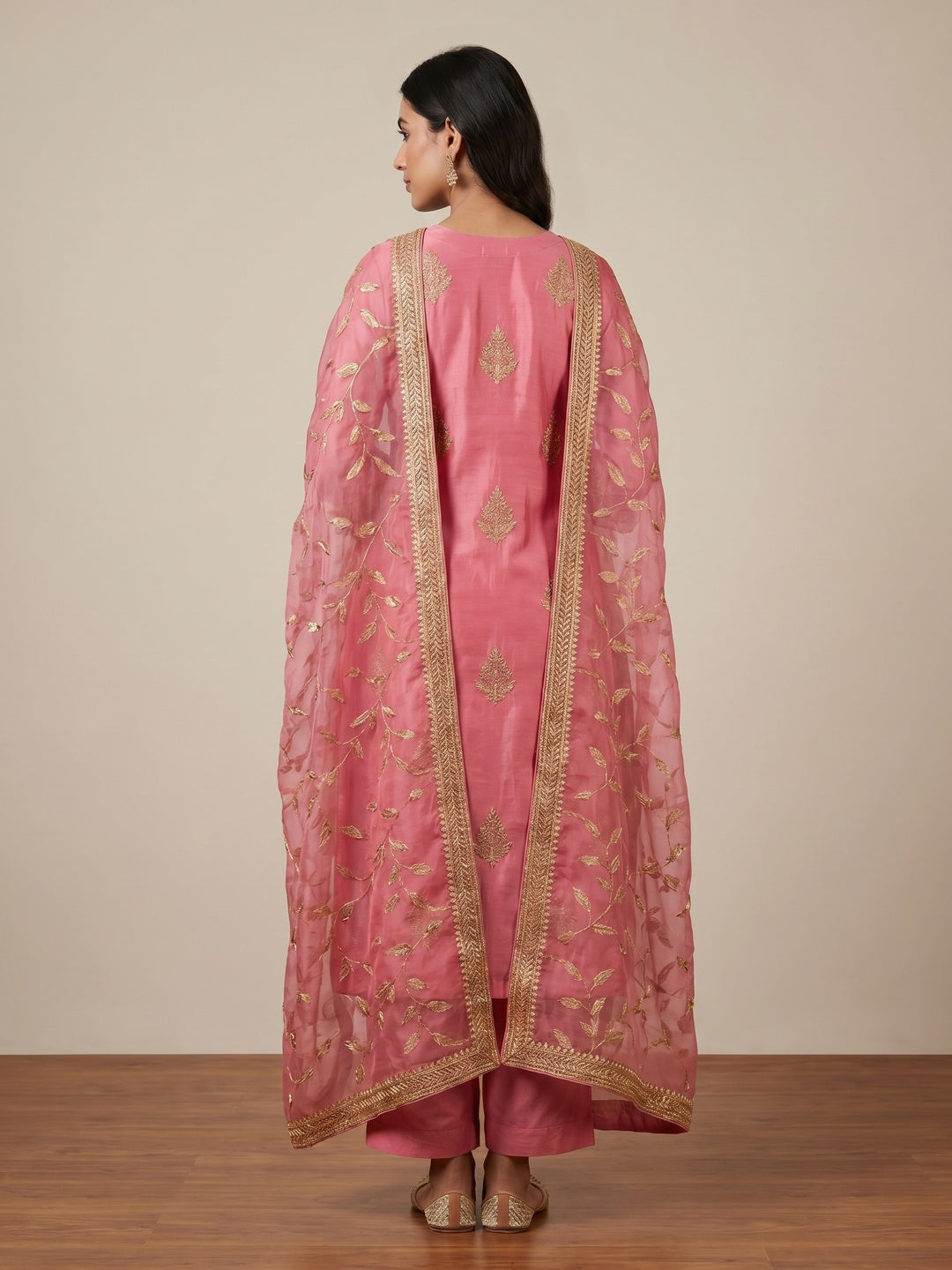Pink Printed With Hand Embroidered Chanderi Silk Dress Material - Image 3