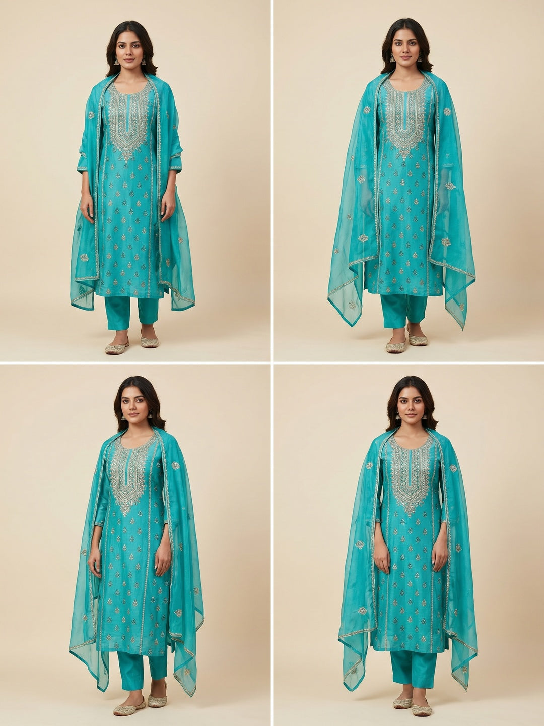 Turquoise Printed With Hand Embroidered Chanderi Silk Dress Material - Image 1