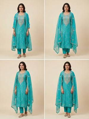 Turquoise Printed With Hand Embroidered Chanderi Silk Dress Material - Image 1