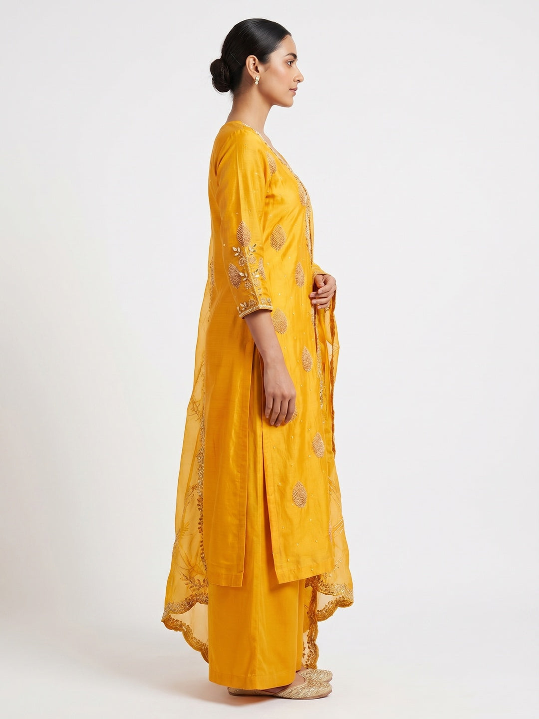Yellow Printed With Hand Embroidered Chanderi Silk Dress Material - Image 2