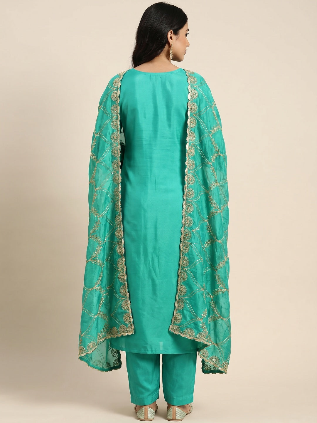 Turquoise Printed With Hand Embroidered Chanderi Silk Dress Material - Image 2