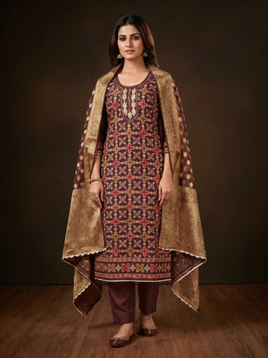 Brown Sequins Hand Embroidery Organza Dress Material - Image 1