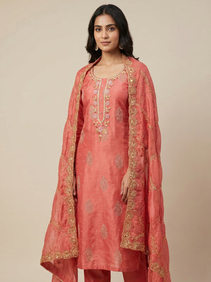 Peach Printed With Hand Embroidered Chanderi Silk Dress Material - Image 1
