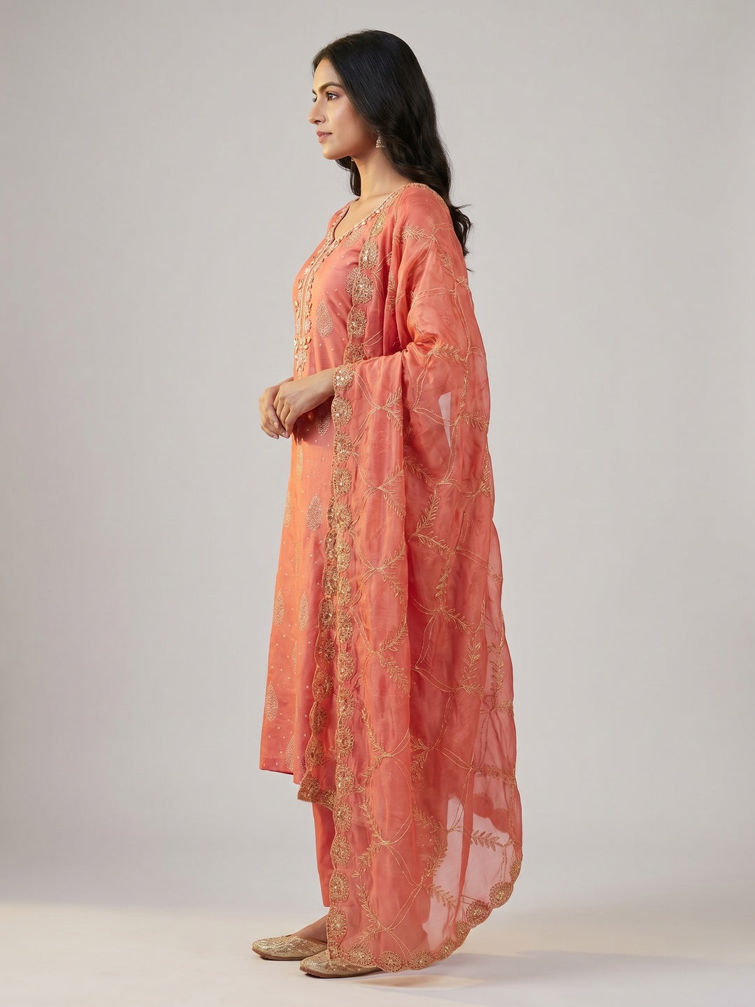 Peach Printed With Hand Embroidered Chanderi Silk Dress Material - Image 2