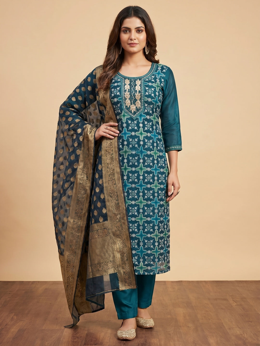 Blue Sequins Hand Embroidery Organza Dress Material - Image 1