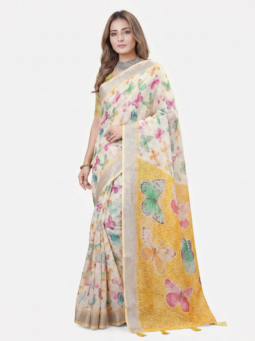 Multicolor Printed Linen Saree - Image 1
