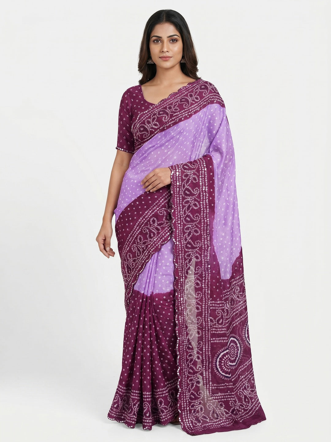 Lavender & Wine Bandhani Printed Chiffon Saree - Image 1