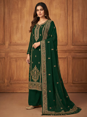 Green Floral Embroidered Georgette Dress Material - Image 1