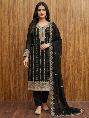 Black Floral Embroidered Georgette Dress Material - Image 1