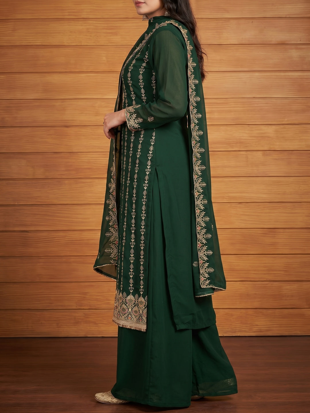 Green Floral Embroidered Georgette Dress Material - Image 2