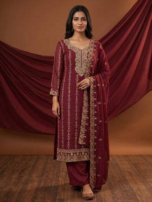 Maroon Floral Embroidered Georgette Dress Material - Image 1