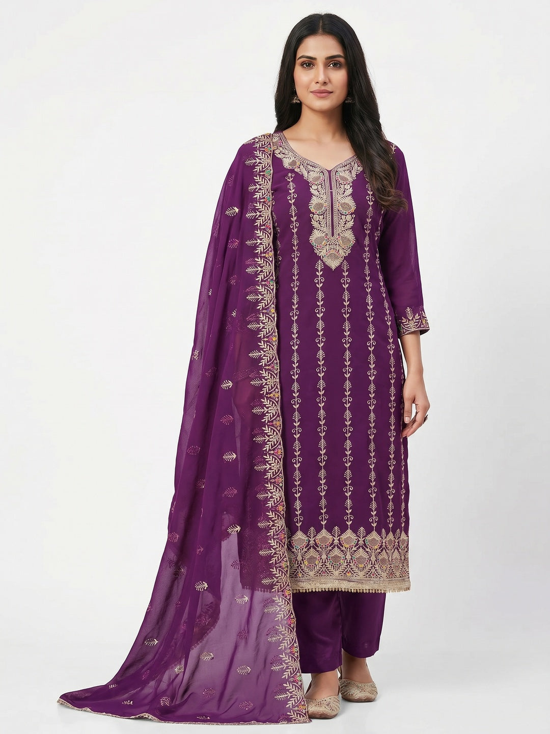 Purple Floral Embroidered Georgette Dress Material - Image 1