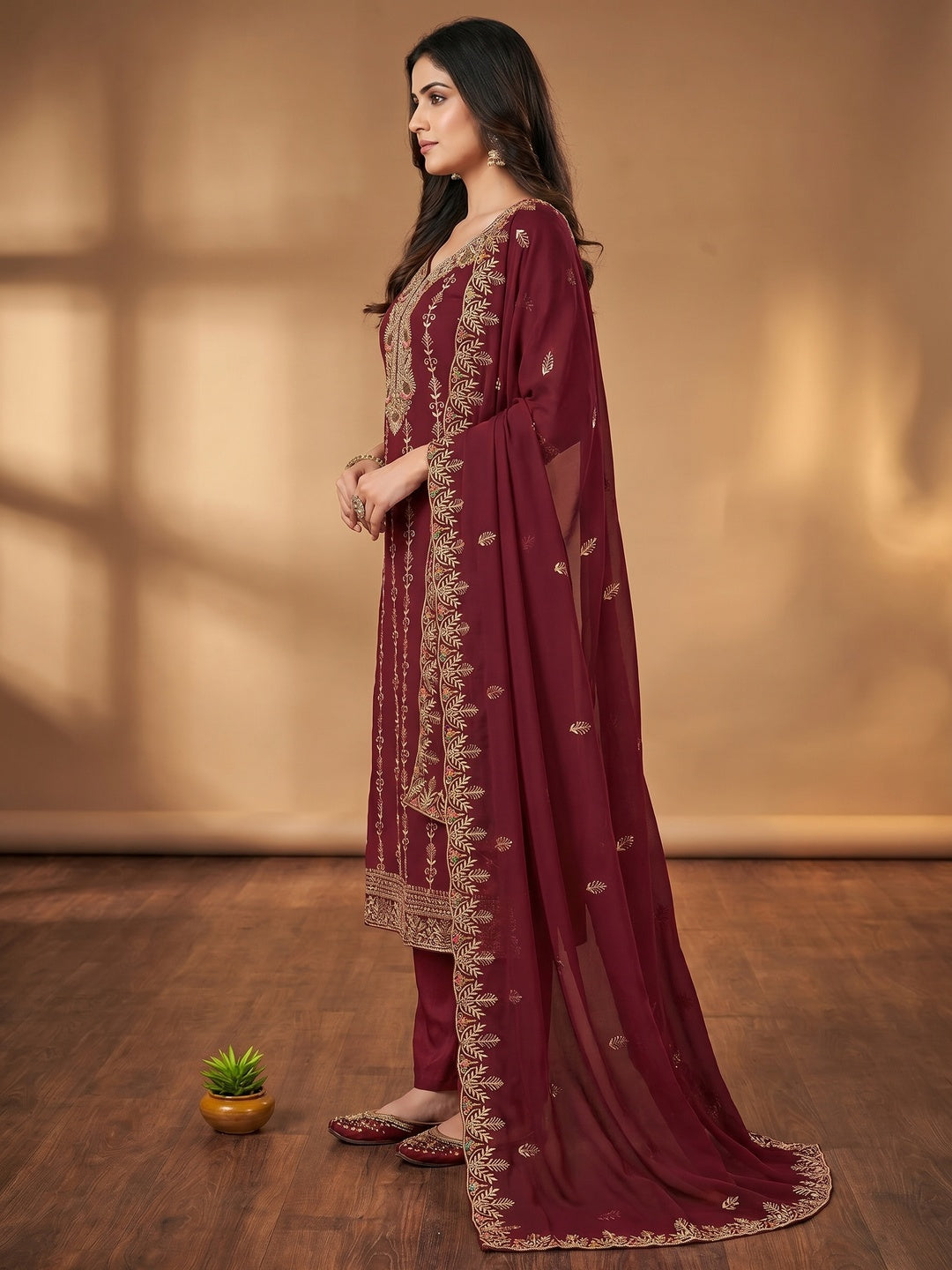 Maroon Floral Embroidered Georgette Dress Material - Image 2