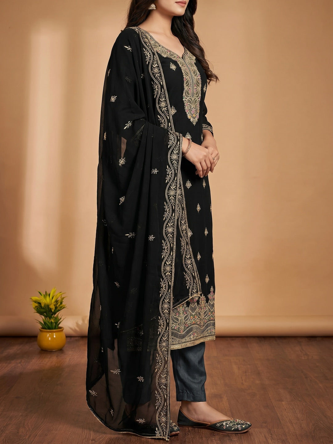 Black Floral Embroidered Georgette Dress Material - Image 3