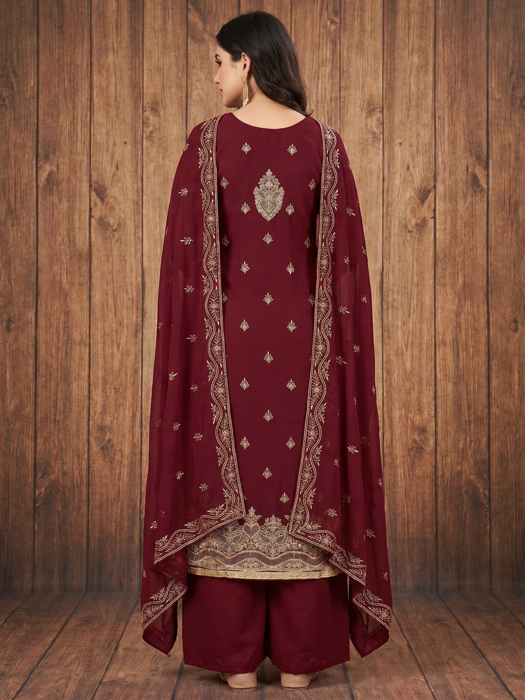 Maroon Floral Embroidered Georgette Dress Material - Image 2
