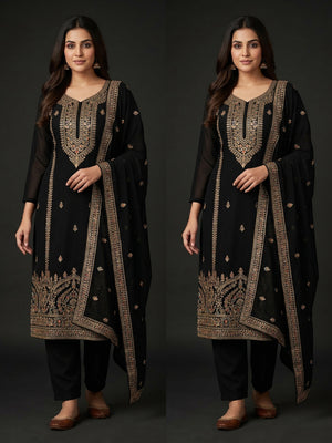 Black Floral Embroidered Georgette Dress Material - Image 1