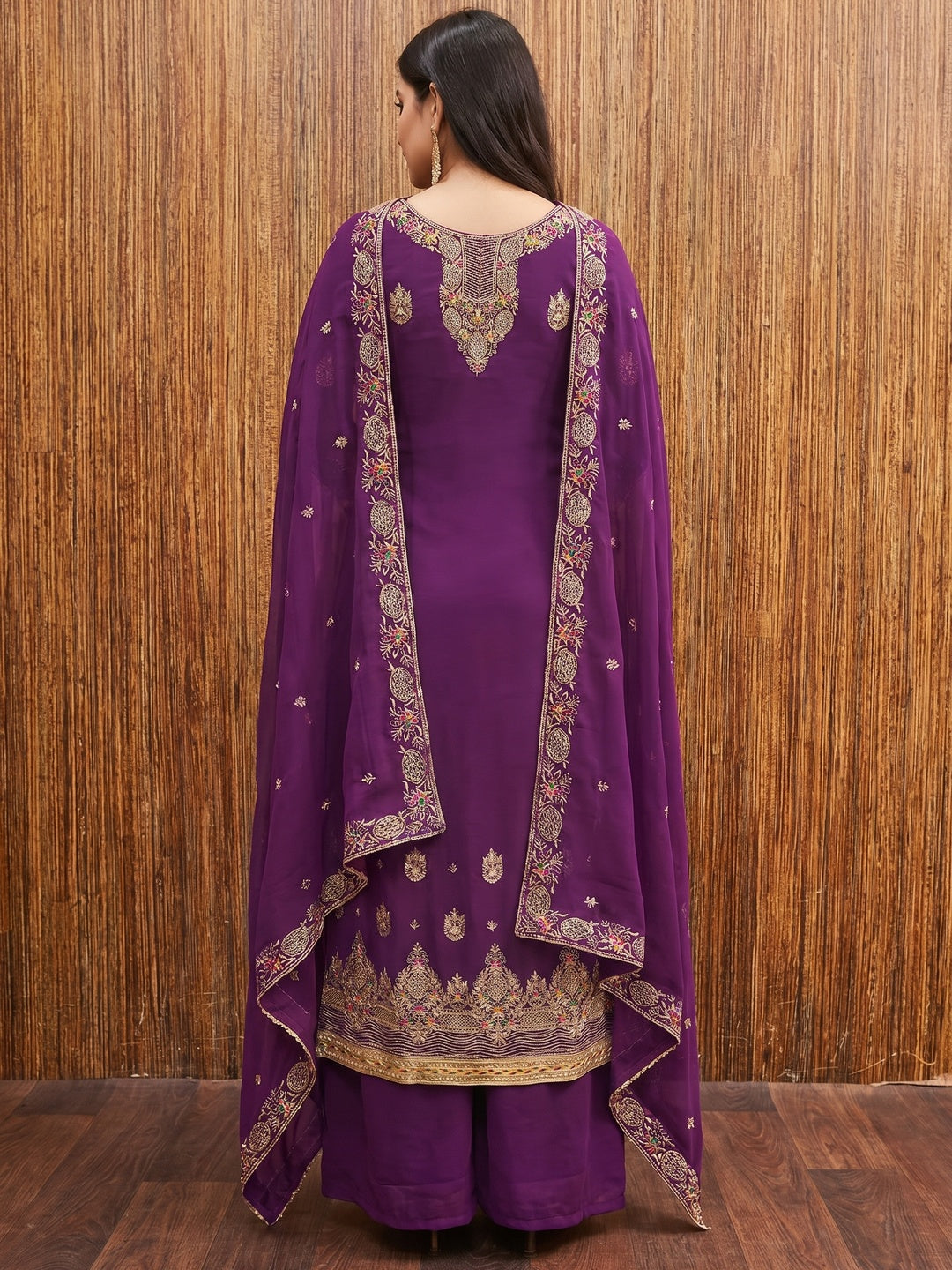 Purple Floral Embroidered Georgette Dress Material - Image 3