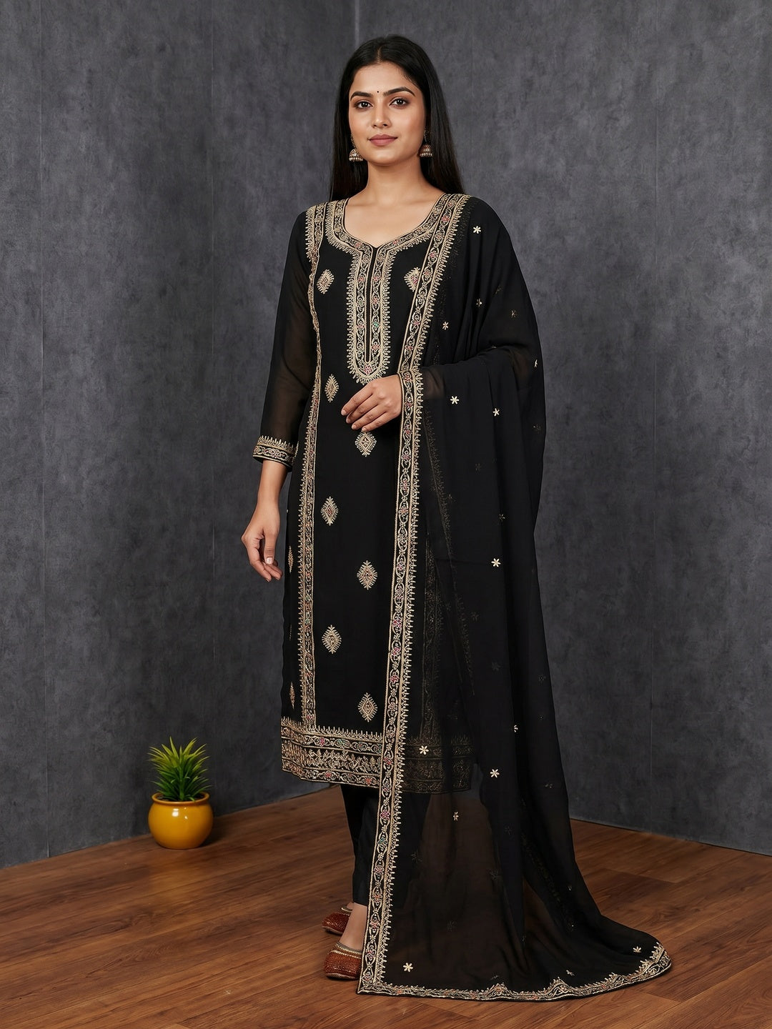 Black Floral Embroidered Georgette Dress Material - Image 1