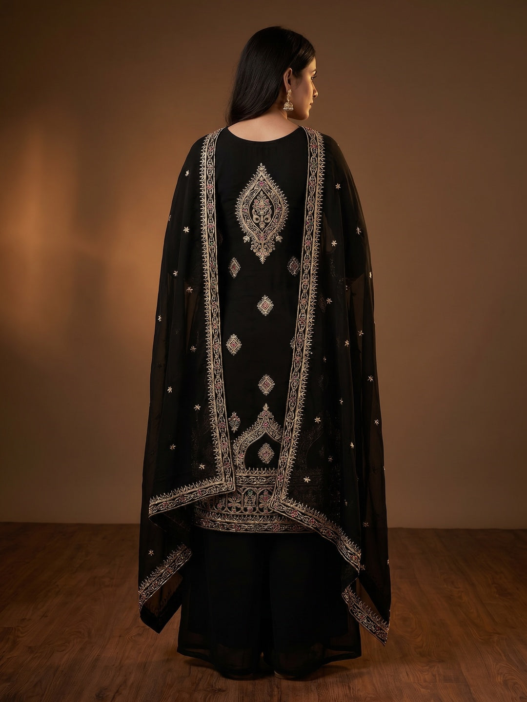 Black Floral Embroidered Georgette Dress Material - Image 3