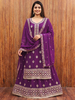 Purple Floral Embroidered Georgette Dress Material - Image 1
