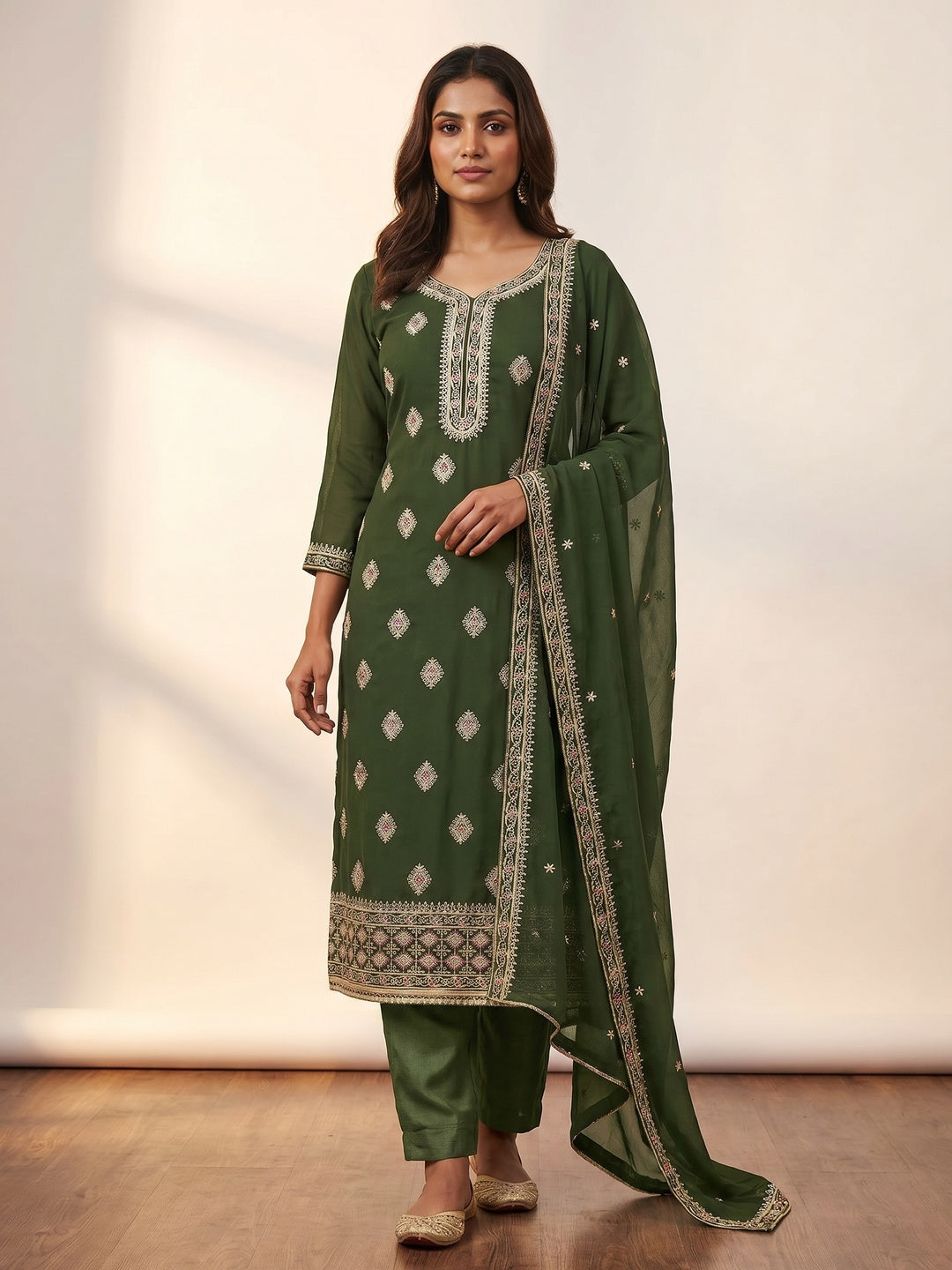 Mehendi Green Floral Embroidered Georgette Dress Material - Image 1