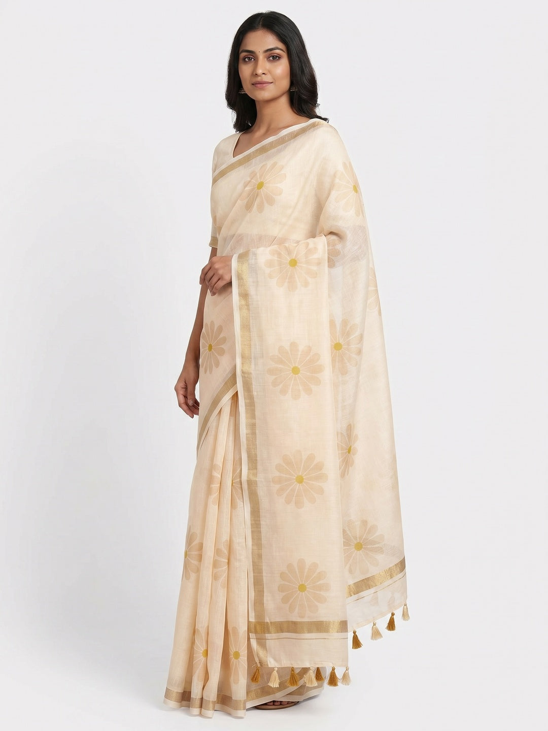 Cream Floral Printed Linen Silk Saree With Tassels - Image 1