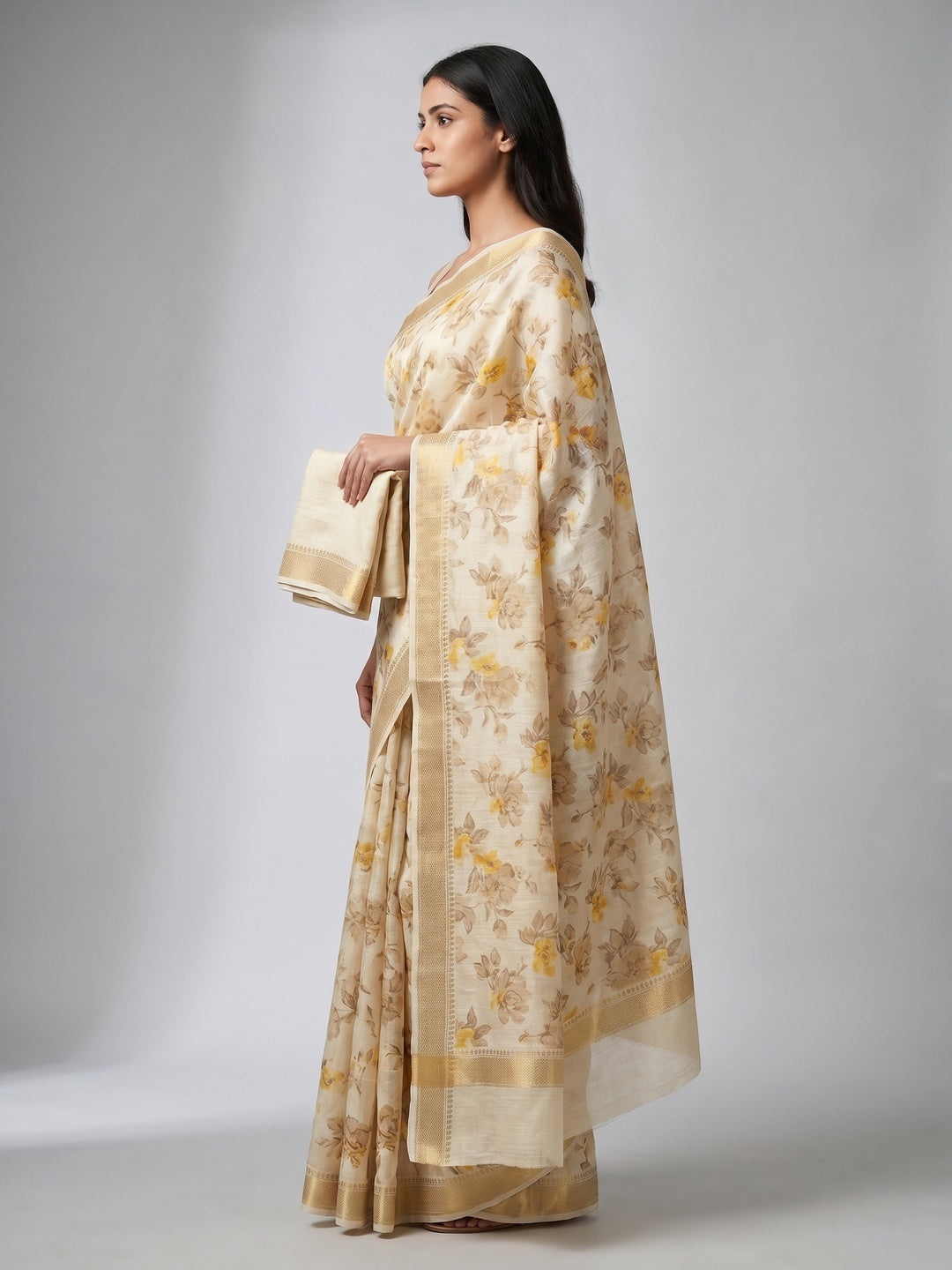 Cream Floral Printed Linen Silk Saree With Tassels - Image 3