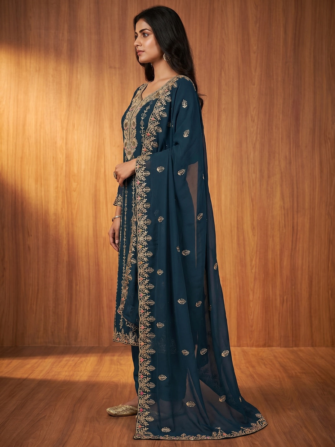 Morpich Floral Embroidered Georgette Dress Material - Image 2