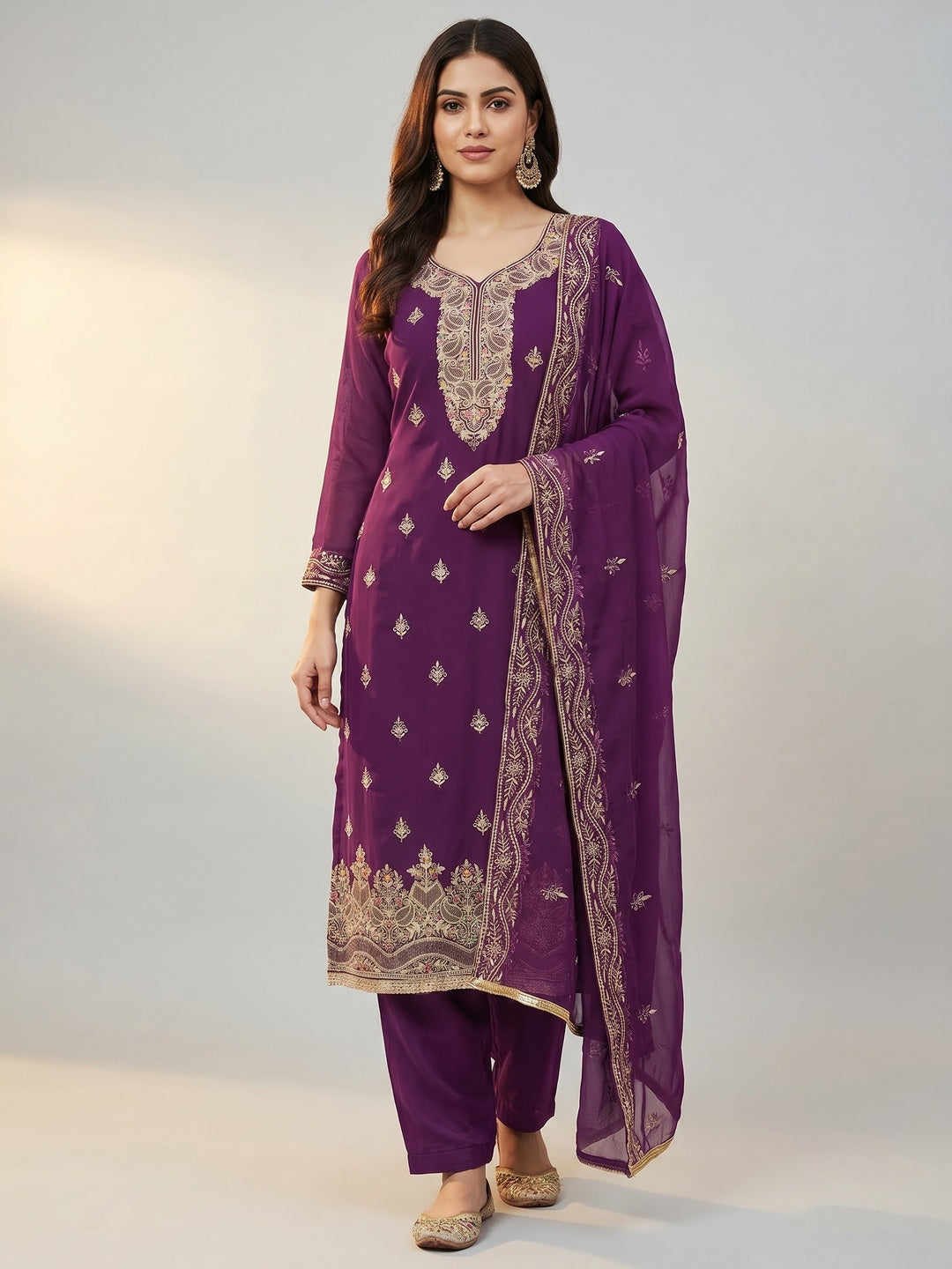 Purple Floral Embroidered Georgette Dress Material - Image 1