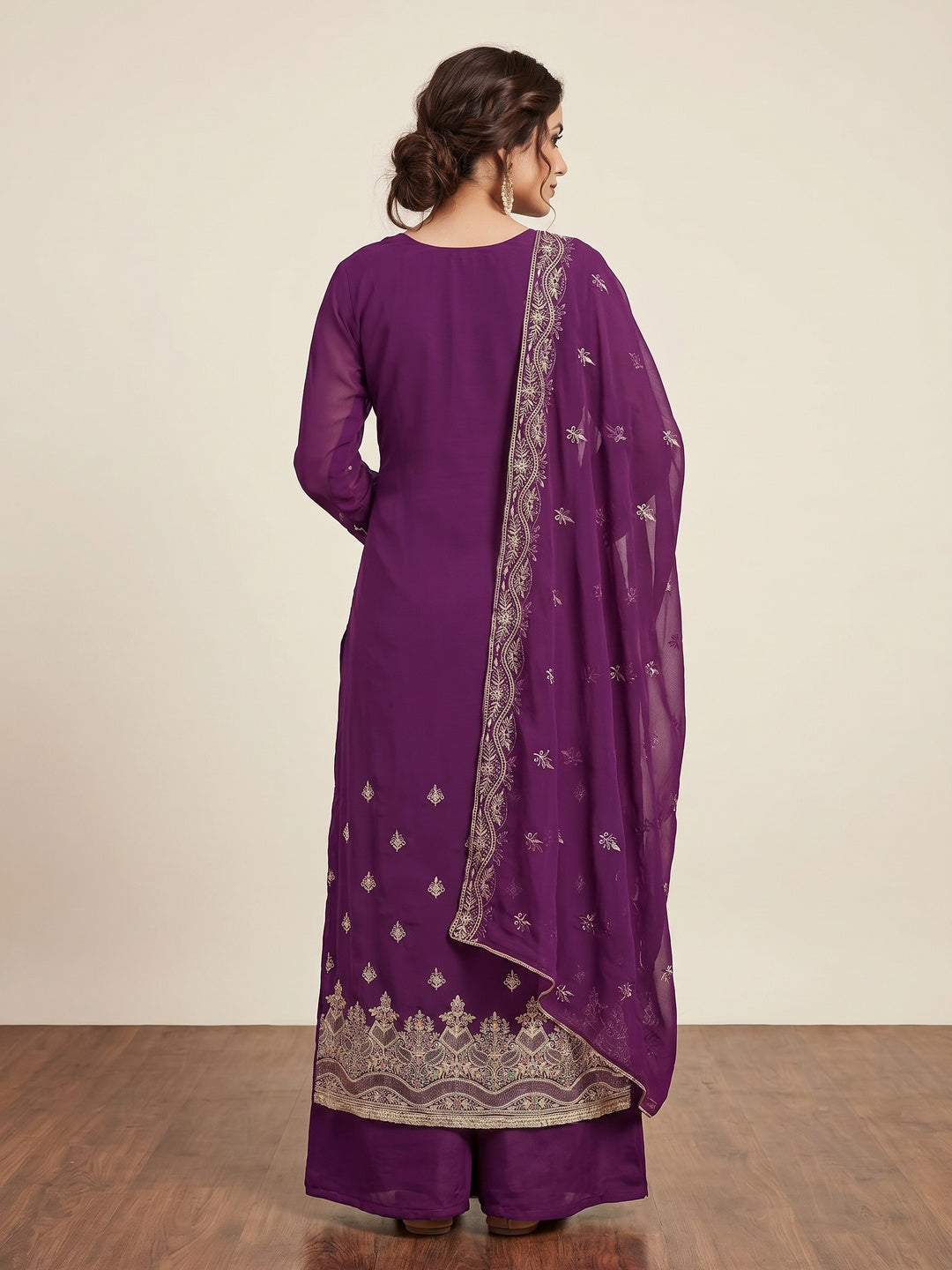 Purple Floral Embroidered Georgette Dress Material - Image 3