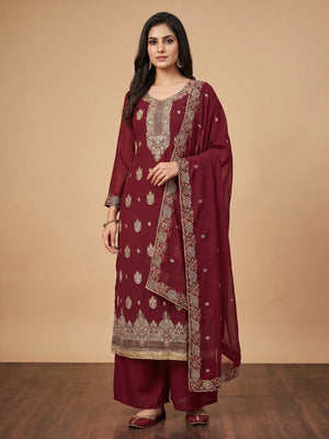 Maroon Floral Embroidered Georgette Dress Material - Image 1