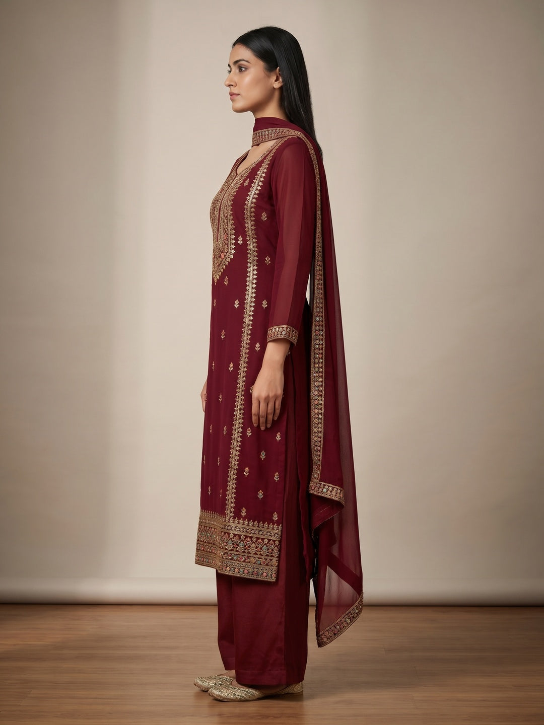 Maroon Floral Embroidered Georgette Dress Material - Image 2