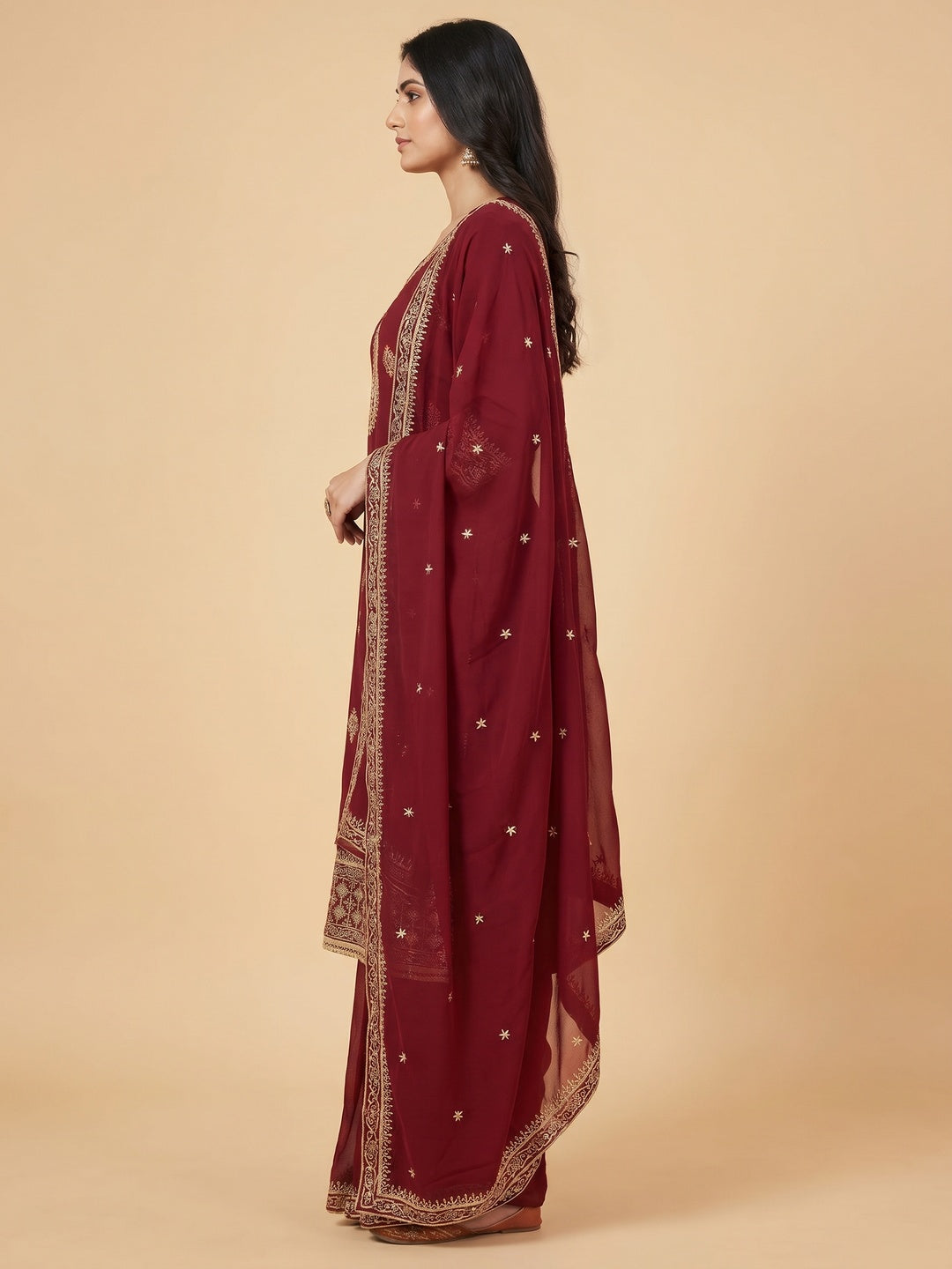 Maroon Floral Embroidered Georgette Dress Material - Image 3