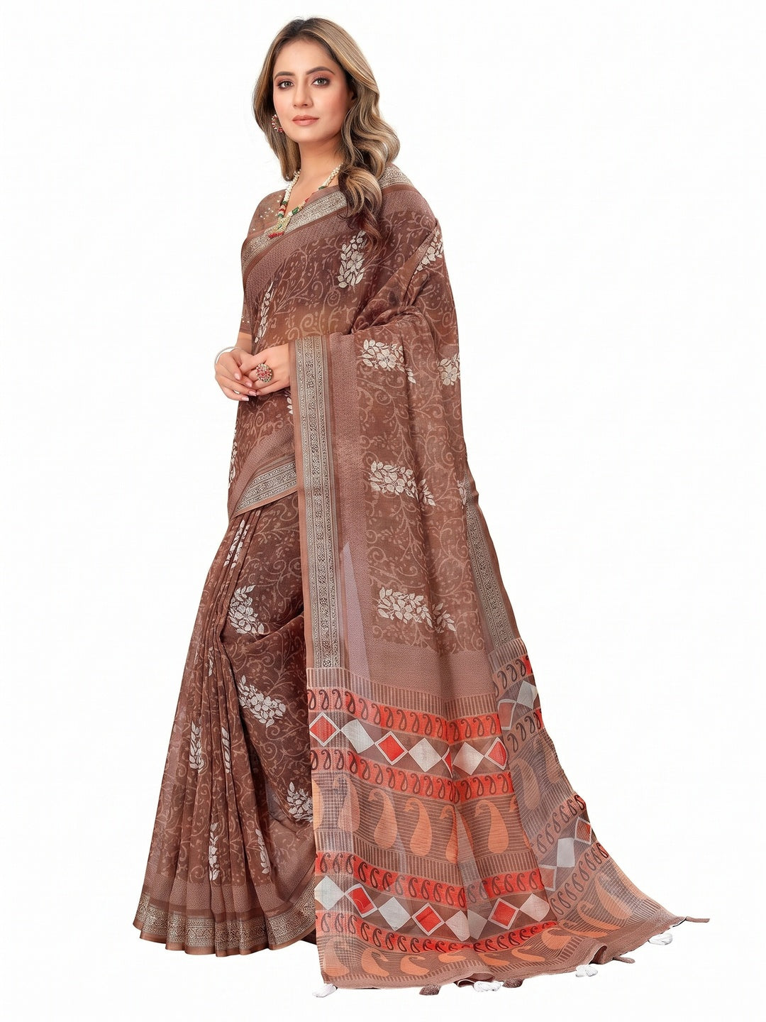 Brown Printed Linen Saree - Image 1
