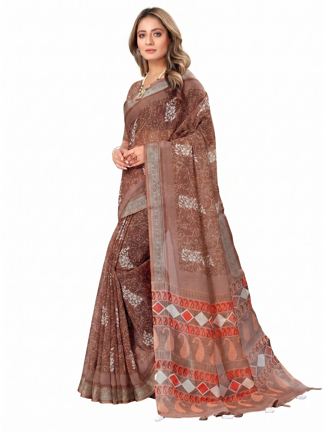 Brown Printed Linen Saree - Image 3
