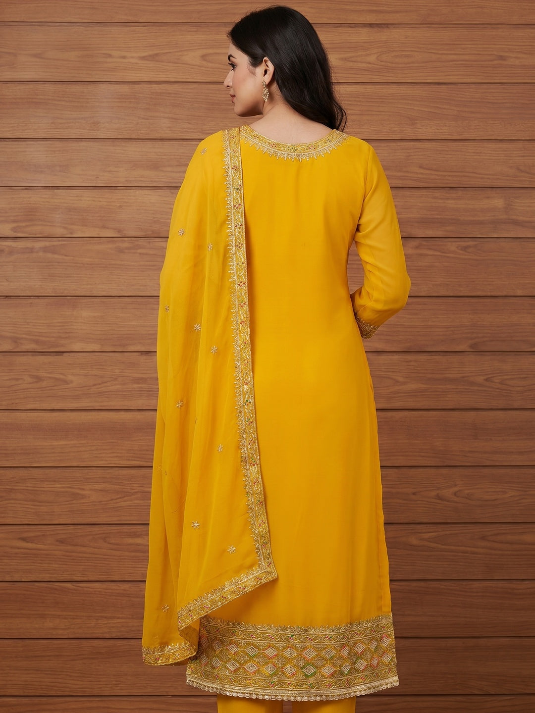 Yellow Floral Embroidered Georgette Dress Material - Image 3