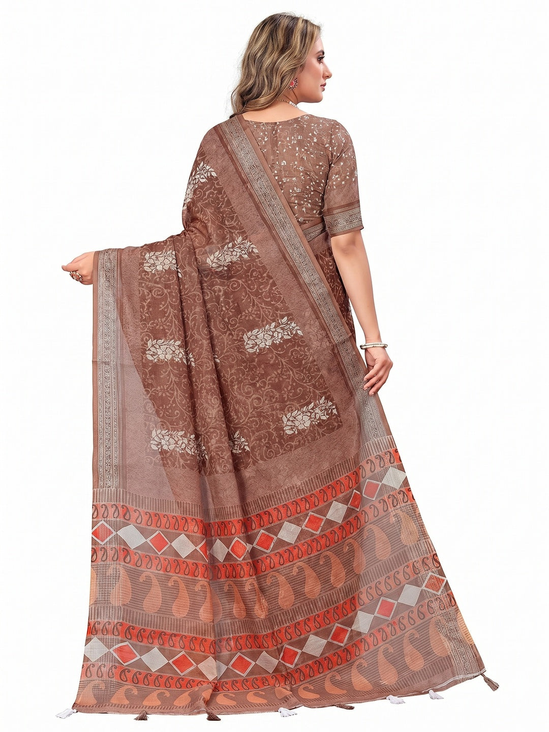 Brown Printed Linen Saree - Image 2